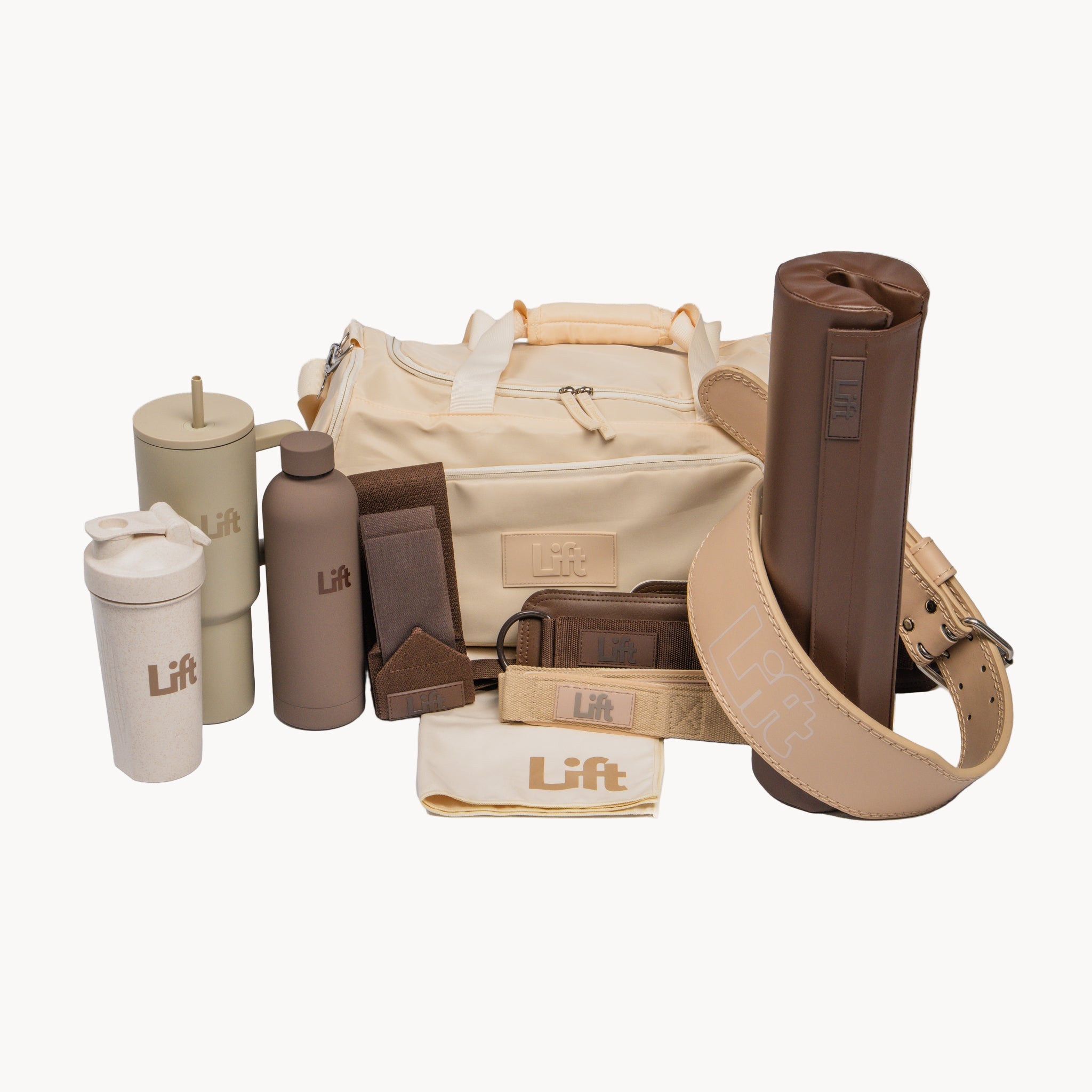 Collection of beige and brown fitness accessories with 'Lift' branding on a white background