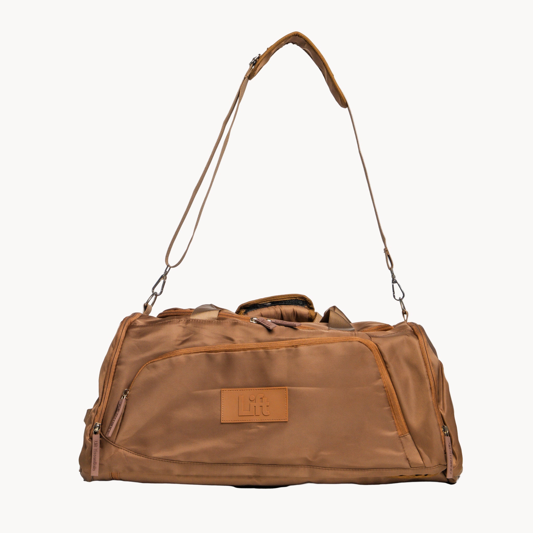 Brown duffel bag with a visible brand logo on a white background