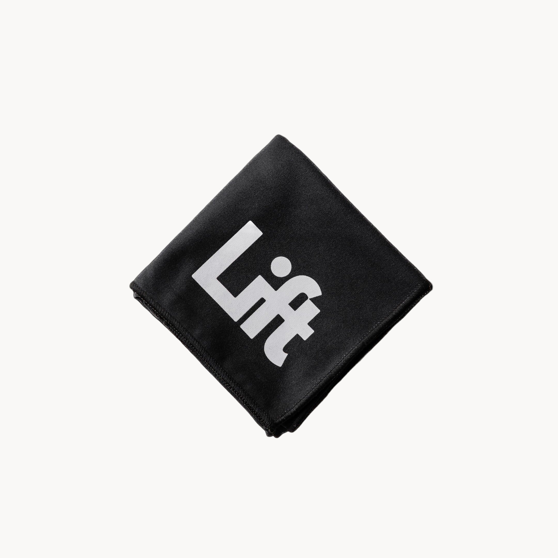 Black towel with 'Lift' logo on a white background